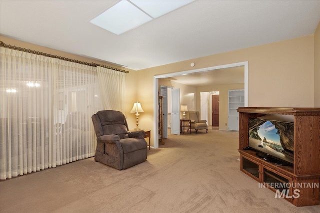 living area featuring carpet floors and a skylight