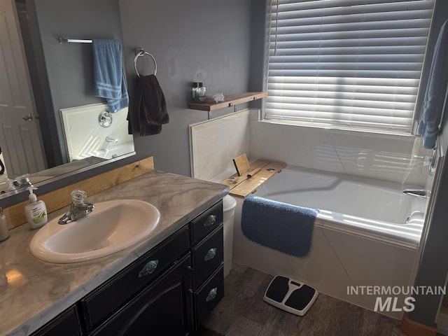 bathroom with a garden tub and vanity