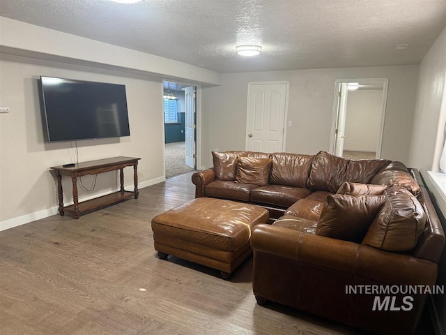 living area featuring a textured ceiling, baseboards, and wood finished floors