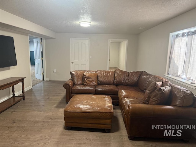 living area with a textured ceiling, baseboards, and wood finished floors