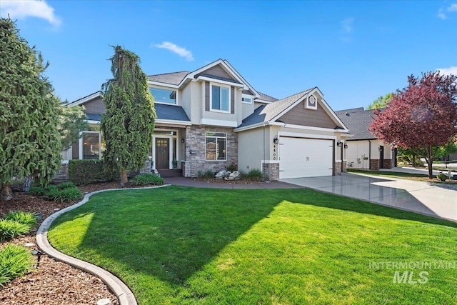 craftsman house featuring driveway, a front yard, an attached garage, stone siding, and stucco siding