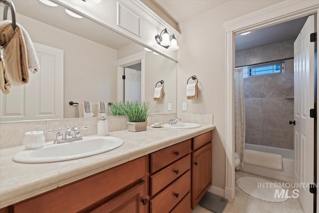 bathroom featuring double vanity, toilet, tile patterned floors, and shower / bathtub combination with curtain
