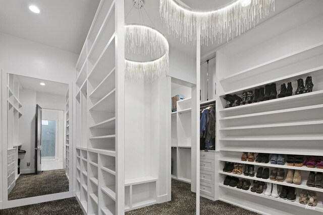 spacious closet featuring dark colored carpet