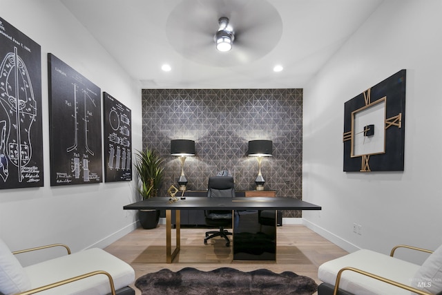 office area featuring ceiling fan and light wood-type flooring