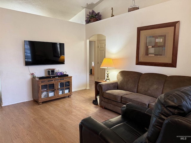 living room with vaulted ceiling and light wood-type flooring