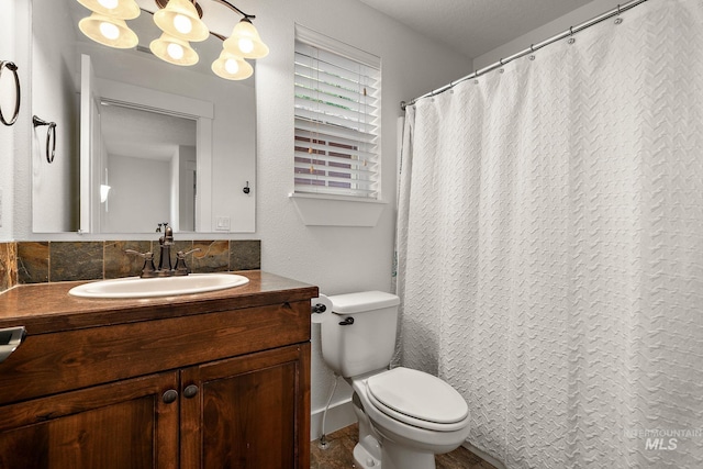 2174 S Myers Pl, Boise, ID 83706 - bathroom with vanity, toilet, backsplash, and a shower with curtain