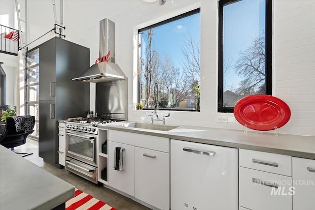 kitchen featuring appliances with stainless steel finishes, range hood, tasteful backsplash, white cabinetry, and sink