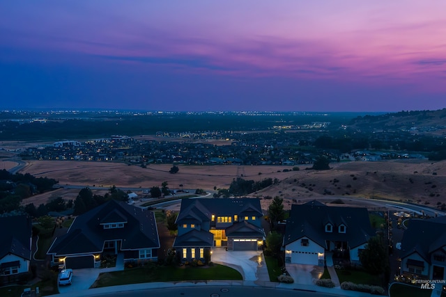 view of aerial view at dusk