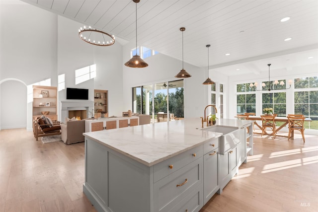 1734 S S Riparian Way, Eagle, ID 83616 - kitchen with a sink, plenty of natural light, light wood-style floors, a lit fireplace, and recessed lighting