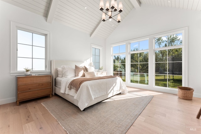 1734 S S Riparian Way, Eagle, ID 83616 - bedroom featuring a chandelier, light wood-style floors, baseboards, high vaulted ceiling, and wooden ceiling with exposed beams