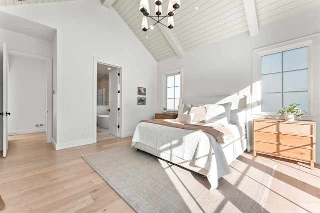 1734 S S Riparian Way, Eagle, ID 83616 - bedroom featuring a chandelier, light wood finished floors, baseboards, high vaulted ceiling, and wooden ceiling with exposed beams