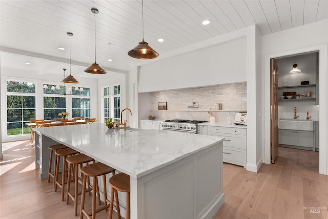 1734 S S Riparian Way, Eagle, ID 83616 - kitchen with a sink, stainless steel gas range, light wood-style flooring, wood ceiling, and white cabinets