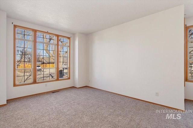 carpeted empty room featuring baseboards and a textured ceiling