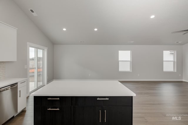 kitchen featuring a healthy amount of sunlight, modern cabinets, dark cabinetry, and stainless steel dishwasher