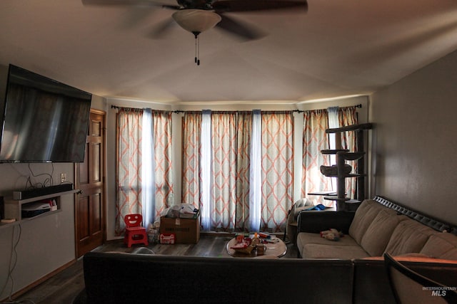 1396 W Crest Wood Dr, Meridian, ID 83642 - living area with ceiling fan, wood finished floors, and lofted ceiling