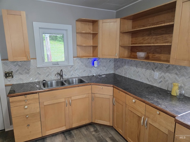 628 Main St, Orofino, ID 83544 - kitchen featuring a sink, open shelves, dark countertops, and light brown cabinetry