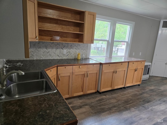 628 Main St, Orofino, ID 83544 - kitchen featuring a sink, dark wood finished floors, decorative backsplash, open shelves, and dark countertops