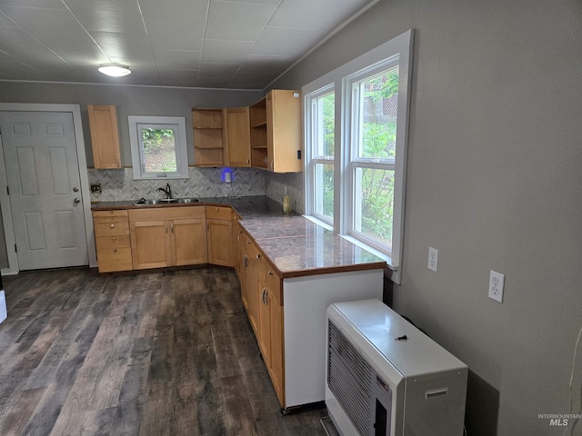 628 Main St, Orofino, ID 83544 - kitchen featuring open shelves, a sink, dark wood-style flooring, decorative backsplash, and light brown cabinetry