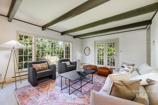 928 N Argyll Dr, Boise, ID 83702 - living area with beam ceiling, healthy amount of natural light, a baseboard radiator, and carpet flooring