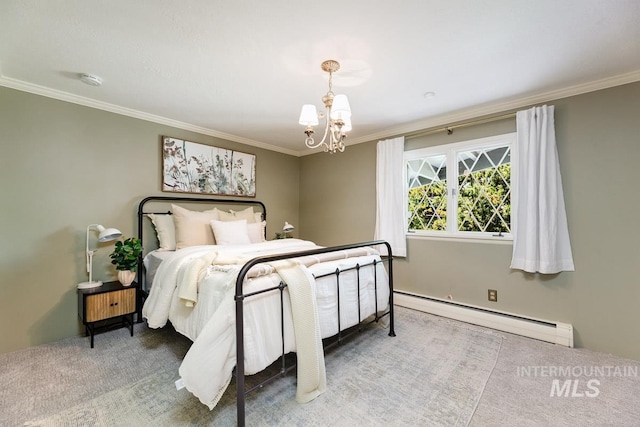 928 N Argyll Dr, Boise, ID 83702 - carpeted bedroom with a baseboard radiator, a chandelier, and crown molding
