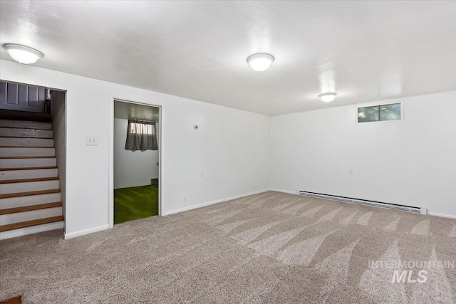 371 Dubois, Twin Falls, ID 83301 - finished basement with baseboards, a baseboard radiator, carpet flooring, and stairs