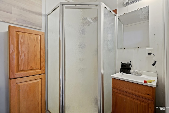 bathroom featuring vanity and a shower with shower door