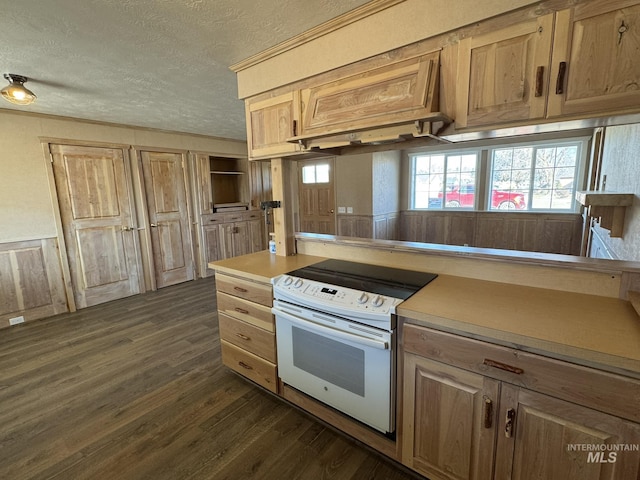 kitchen with light countertops, dark wood finished floors, a textured ceiling, and white range with electric cooktop