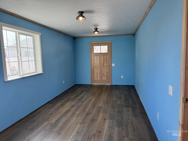 interior space featuring a textured ceiling, dark wood-style flooring, and crown molding