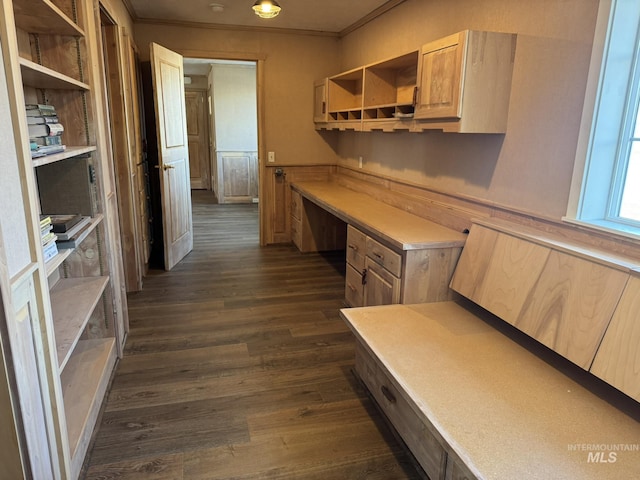 interior space featuring dark wood-style floors, ornamental molding, and built in study area