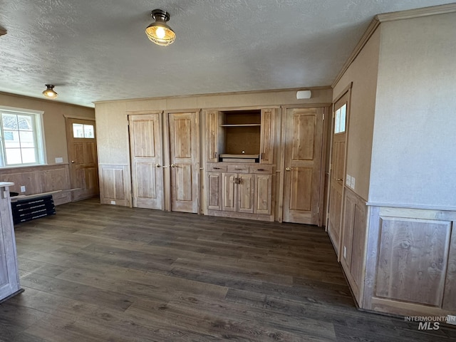 interior space featuring a textured ceiling, ornamental molding, dark wood-style flooring, and a wainscoted wall