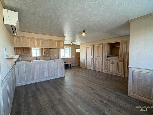 kitchen with dark wood-type flooring, a peninsula, a textured ceiling, and a wall mounted AC