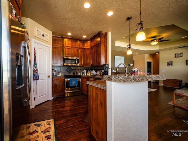 201 E S 10th St, Grangeville, ID 83530 - kitchen with appliances with stainless steel finishes, open floor plan, a peninsula, dark wood-style flooring, and a ceiling fan