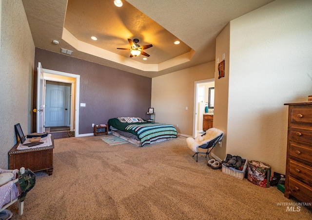 201 E S 10th St, Grangeville, ID 83530 - bedroom with carpet, recessed lighting, a raised ceiling, baseboards, and a ceiling fan