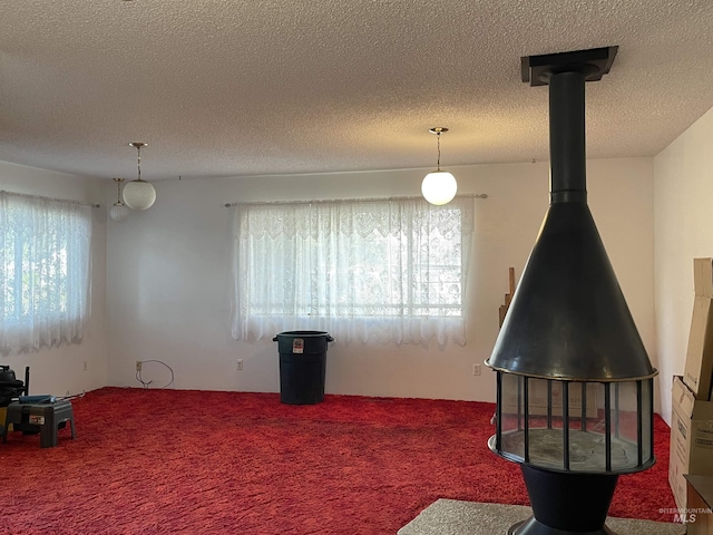 410 3rd Ave E, Jerome, ID 83338 - interior space with carpet, a wood stove, and a textured ceiling