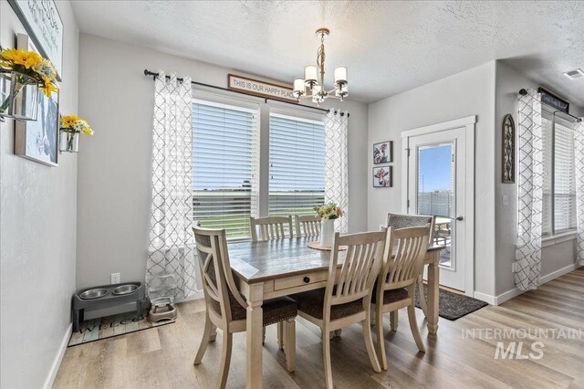 dining room featuring a healthy amount of sunlight, light wood finished floors, a textured ceiling, and a chandelier