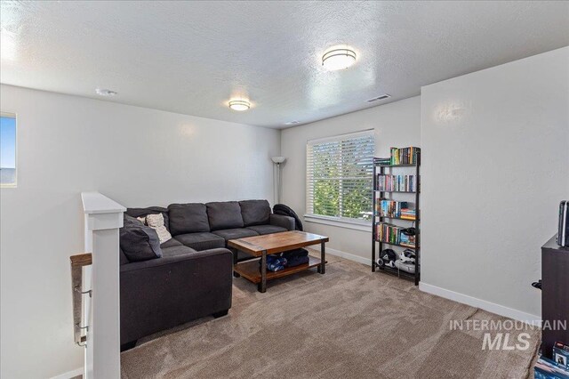 living room with carpet floors, a textured ceiling, visible vents, and baseboards