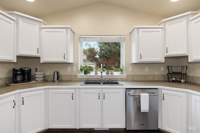 2493 S Skyview Dr, Nampa, ID 83686 - kitchen featuring stainless steel dishwasher, lofted ceiling, white cabinets, and light countertops