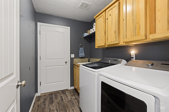 2493 S Skyview Dr, Nampa, ID 83686 - laundry room featuring washing machine and dryer, dark wood-style floors, cabinet space, and a textured ceiling