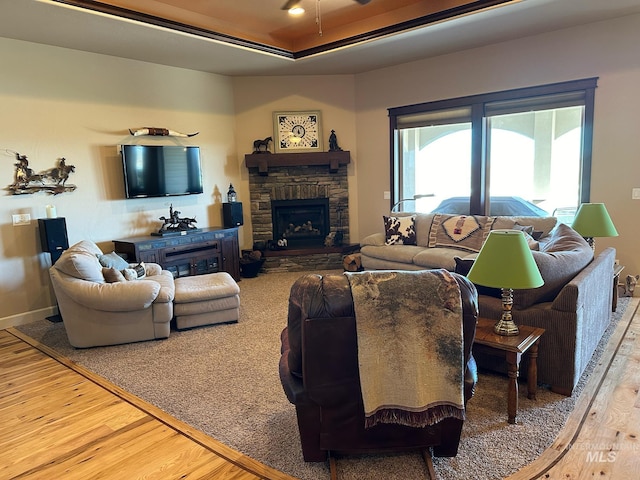 living room with hardwood / wood-style floors and a fireplace