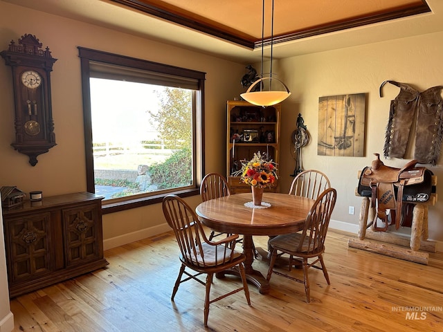 dining space featuring light hardwood / wood-style flooring and a tray ceiling