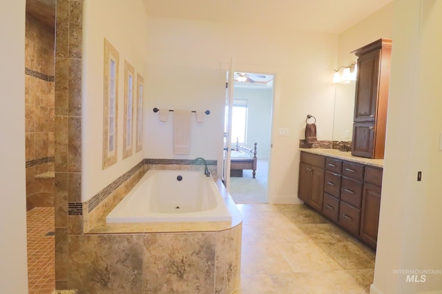 924 Main St S, Kimberly, ID 83341 - bathroom featuring a bath, vanity, a ceiling fan, and walk in shower