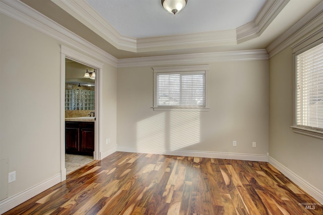 spare room featuring crown molding, hardwood / wood-style floors, and a raised ceiling