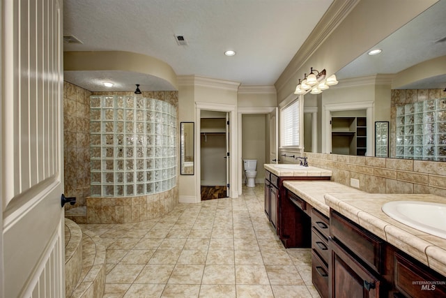 bathroom with walk in shower, vanity, decorative backsplash, and toilet