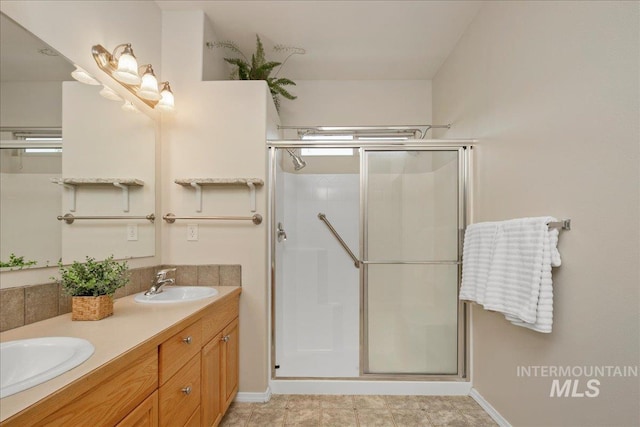 9425 W Java Ct, Boise, ID 83704 - bathroom featuring a shower stall, double vanity, and baseboards
