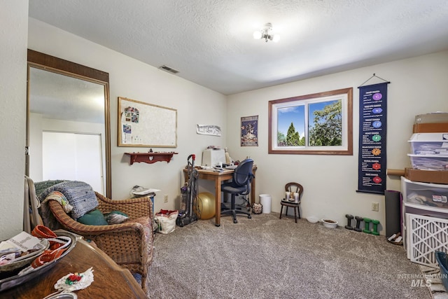 carpeted office space with a textured ceiling and visible vents