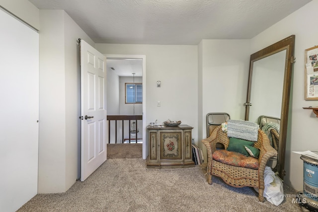 sitting room featuring a textured ceiling, carpet floors, and an upstairs landing