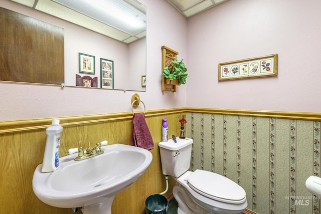 half bathroom with a wainscoted wall, a sink, and toilet