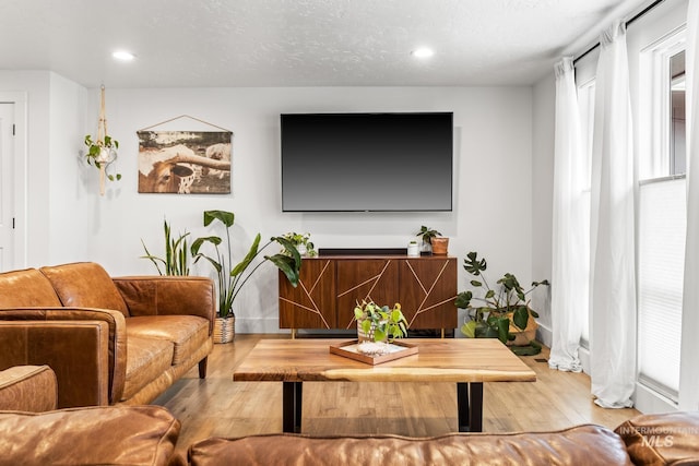 living area featuring recessed lighting, a textured ceiling, and wood finished floors