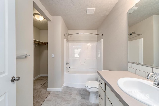 19144 Red Eagle Way, Caldwell, ID 83605 - full bath featuring toilet, backsplash, vanity, shower / tub combination, and a textured ceiling