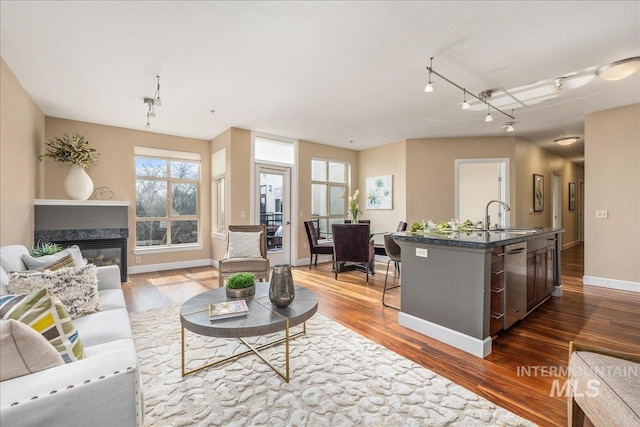 living area featuring dark wood-type flooring, a glass covered fireplace, rail lighting, and baseboards